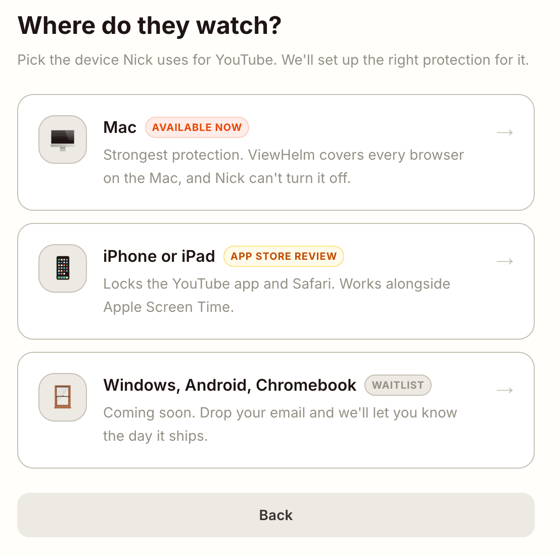 ViewHelm Console device picker — Mac available now, iPhone in App Store review, Windows and Chromebook on the waitlist