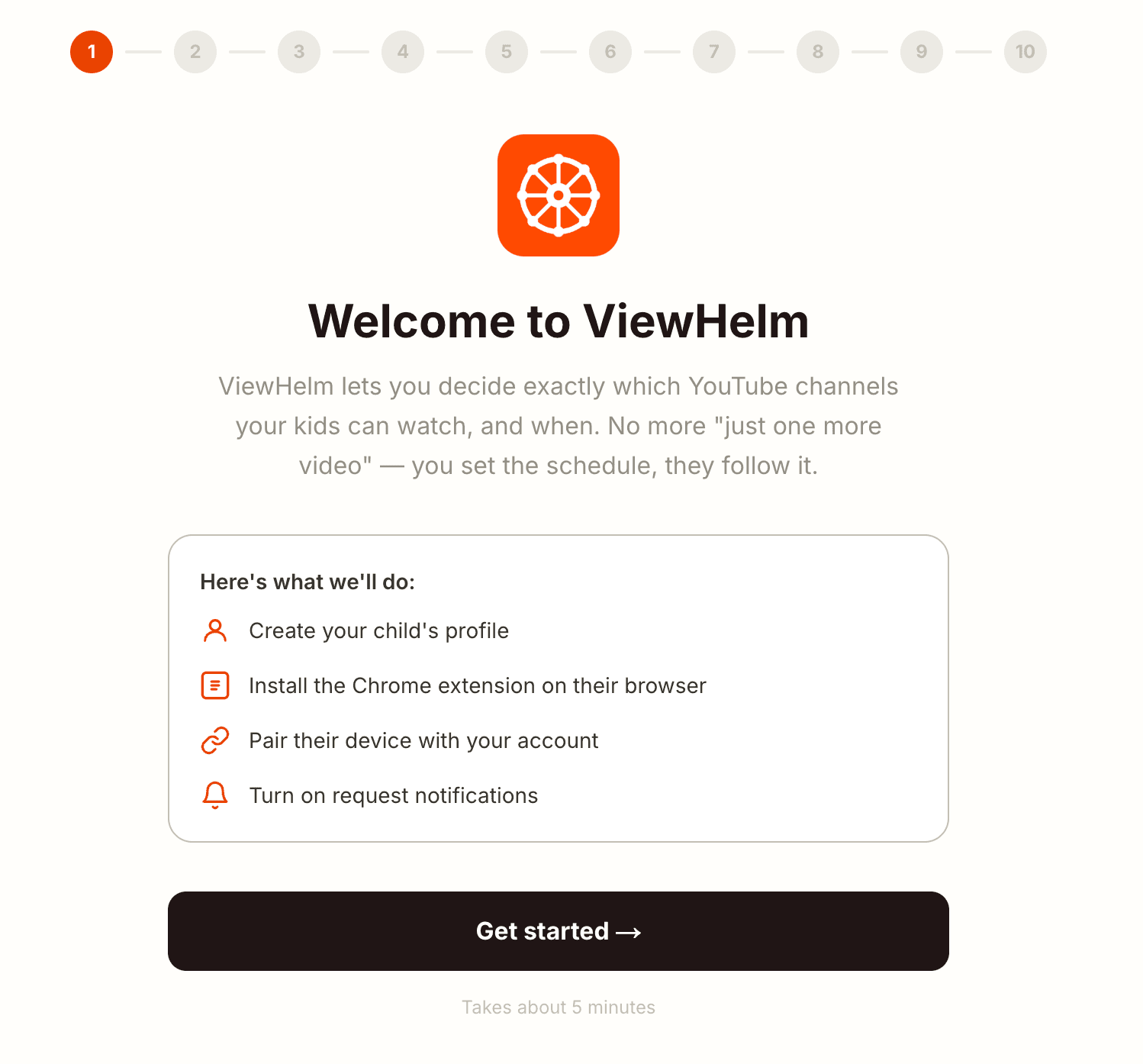 ViewHelm Console welcome screen with the four-step setup checklist