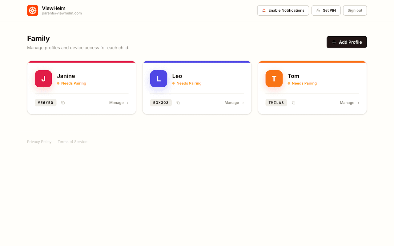 ViewHelm Console family page showing kid profiles with 6-character pairing codes